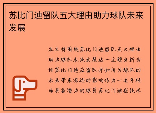 苏比门迪留队五大理由助力球队未来发展